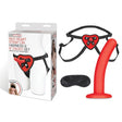 Lux Fetish Red Heart Strap On Harness 5 Inch Dildo Set featuring a heart-shaped harness and red dildo.