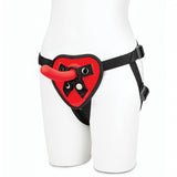 Lux Fetish Red Heart Strap On Harness 5 Inch Dildo Set displayed on a mannequin for intimate couple's exploration.