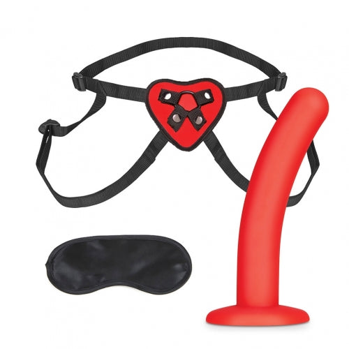 Lux Fetish Red Heart Strap On Harness 5 Inch Dildo Set with heart harness, red dildo, and eye mask for couples.
