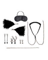 Lux Fetish 12 Piece Collar & Nipple Clips Set Black accessories including collar, nipple clips, and eye-catching attachments.