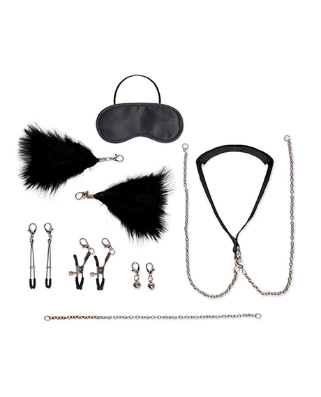 Lux Fetish 12 Piece Collar & Nipple Clips Set Black accessories including collar, nipple clips, and eye-catching attachments.