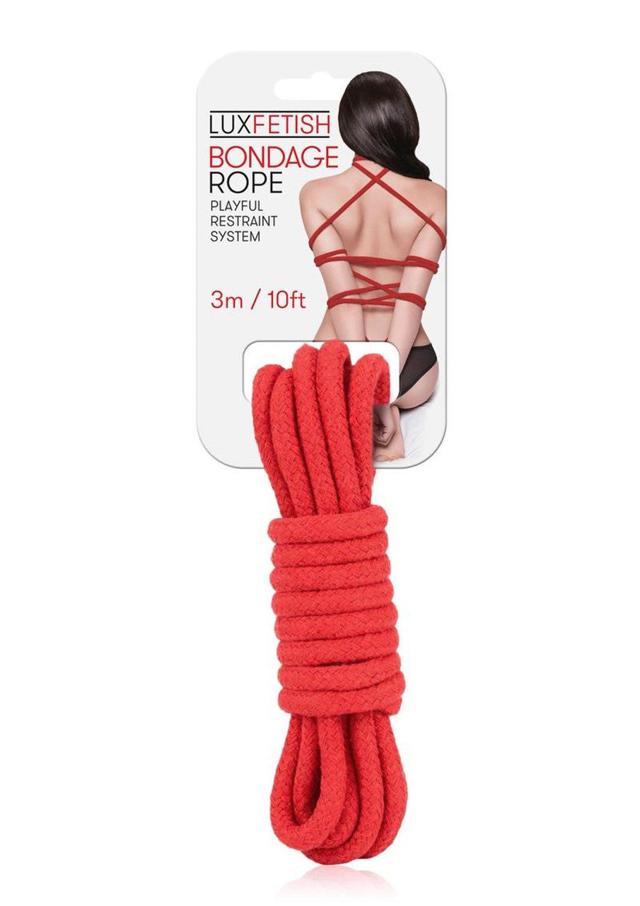 Lux Fetish Bondage Rope 3m Red for restraint play and shibari knot work, featuring a striking design and soft texture.