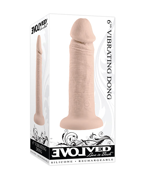 Evolved 6 Inch Vibrating Silicone Dildo Ivory in packaging with detailed design and texture.