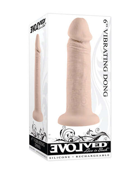 Evolved 6 Inch Vibrating Silicone Dildo Ivory in packaging with detailed design and texture.