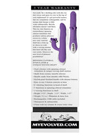 Evolved Tilt O Whirl Dual Stim Vibrator Purple features, including spinning clitoral stimulator and unique waving shaft.