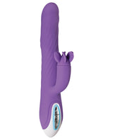 Evolved Tilt O Whirl Dual Stim Vibrator Purple with a wavy shaft and spinning clitoral arm for dual stimulation.