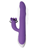 Evolved Tilt O Whirl Dual Stim Vibrator Purple with a waving shaft and spinning clitoral arm for dual stimulation.