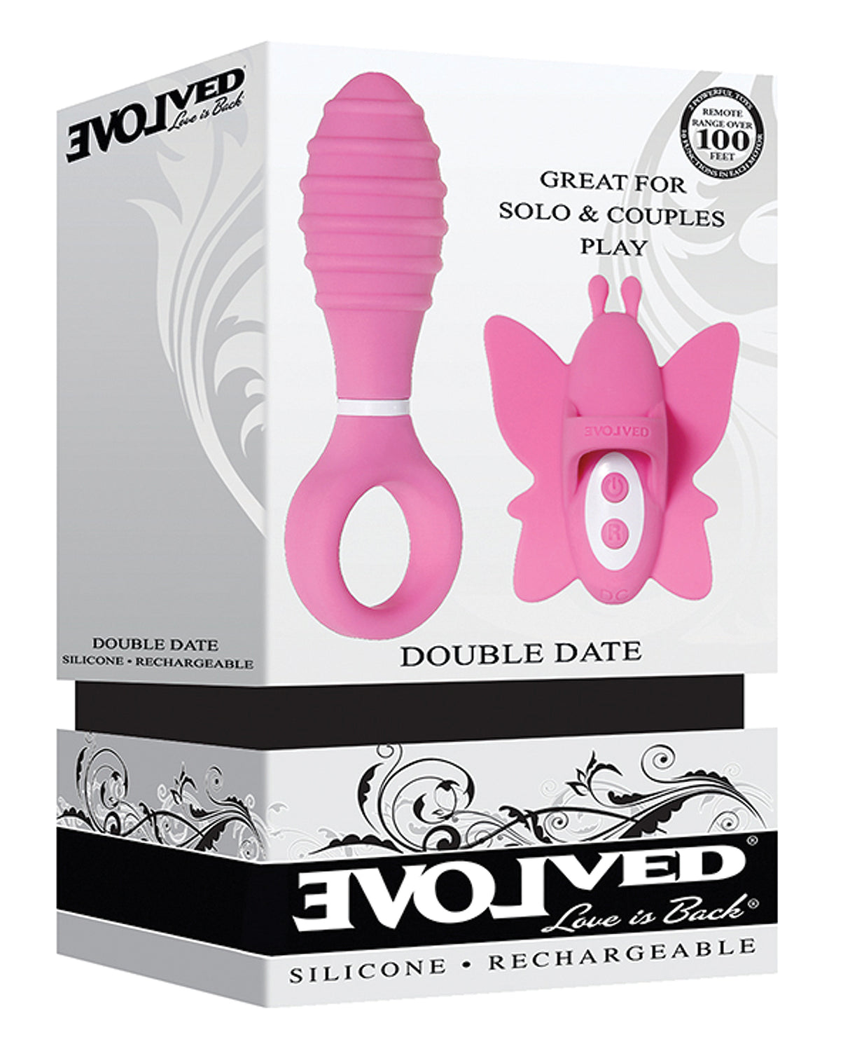 Evolved Double Date Kit Clitoral Anal Vibrator Pink packaging featuring ergonomic finger toys for couples play.