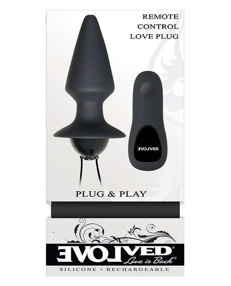 Evolved Plug & Play Remote Anal Plug Black packaging with remote control and silicone design.