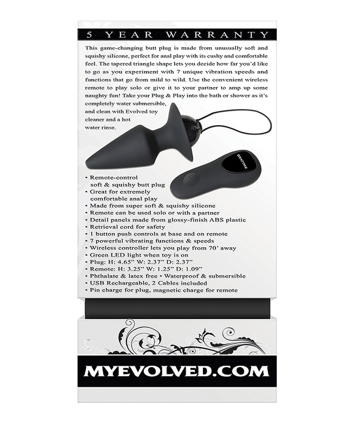 Evolved Plug & Play Remote Anal Plug Black product packaging with features and remote control.