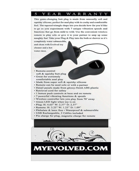 Evolved Plug & Play Remote Anal Plug Black product packaging with features and remote control.