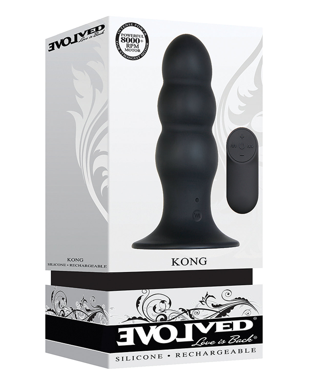 Evolved Kong Rechargeable Anal Plug Black product packaging featuring a black silicone plug with remote.