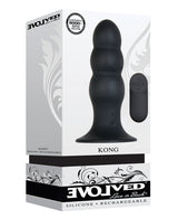Evolved Kong Rechargeable Anal Plug Black product packaging featuring a black silicone plug with remote.
