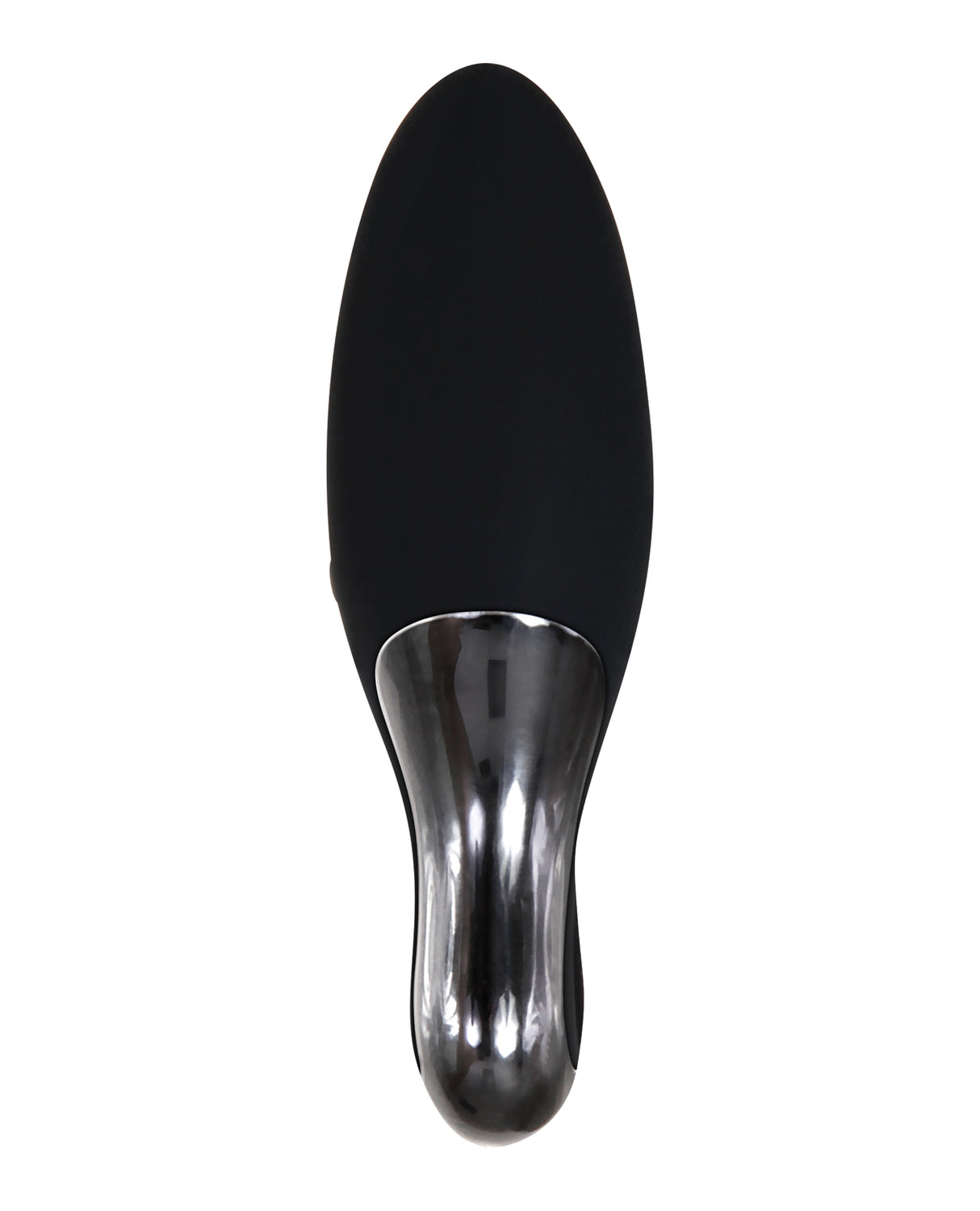 Evolved Teardrop Vibrator Black with sleek black design and metallic accents for discreet stimulation.