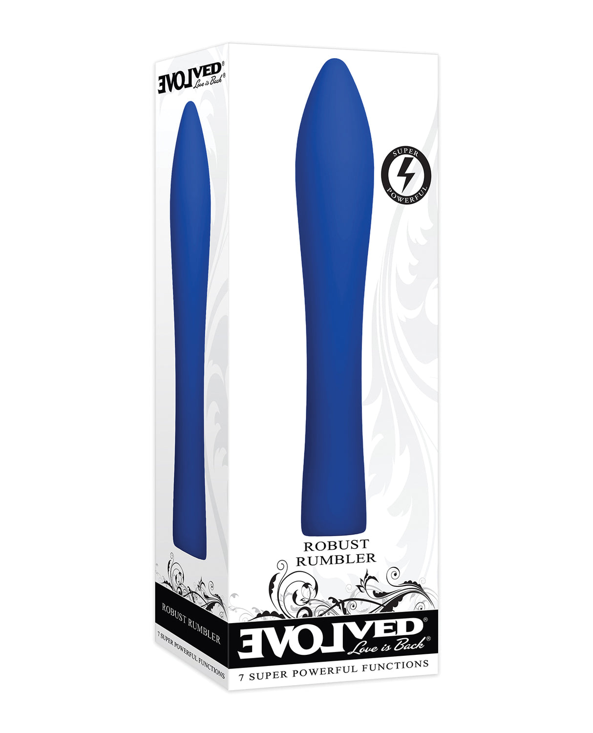 Evolved Robust Rumbler Silicone Vibrator Blue packaging showcasing a sleek design and powerful features.