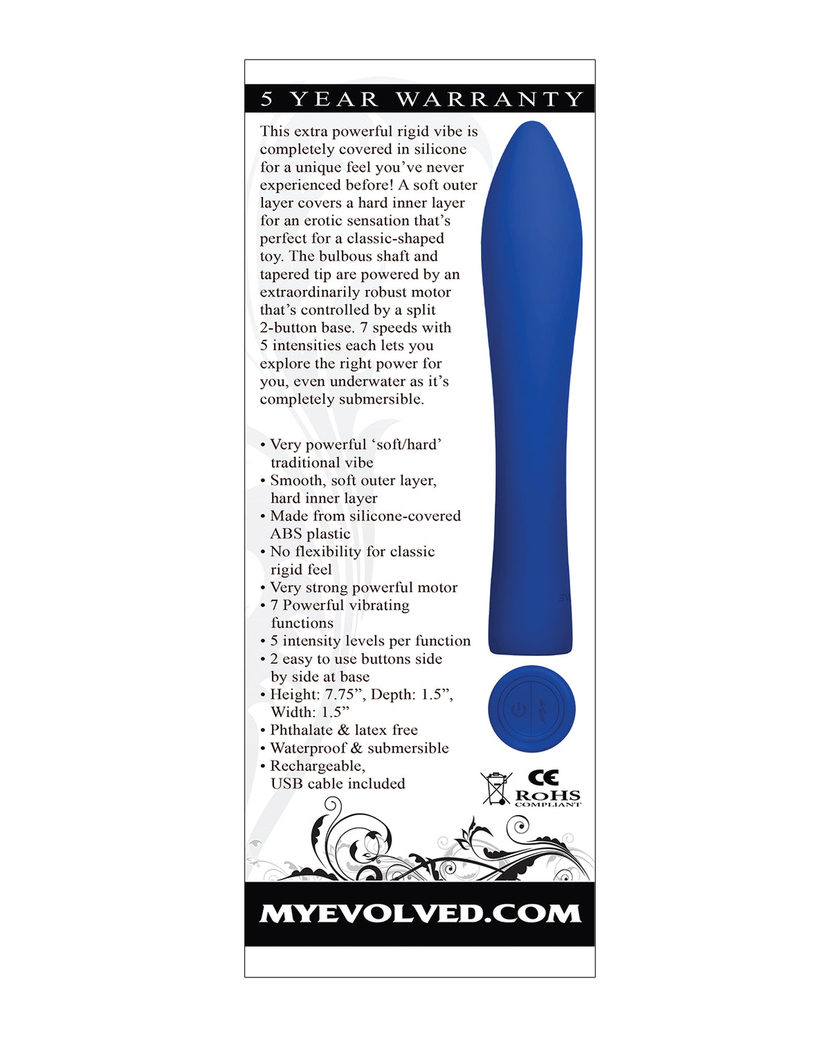 Evolved Robust Rumbler Silicone Vibrator Blue product information and features with warranty details.