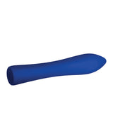 Evolved Robust Rumbler Silicone Vibrator Blue on a white background, showcasing its smooth silicone finish and tapered tip.