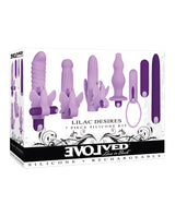 Evolved Lilac Desires Vibrator Purple 7-piece silicone kit with various interchangeable designs.