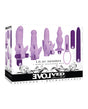 Evolved Lilac Desires Vibrator Purple 7-piece silicone kit with various interchangeable designs.