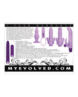Evolved Lilac Desires Vibrator Purple 7-piece butterfly kit with silicone sleeves and product warranty information.