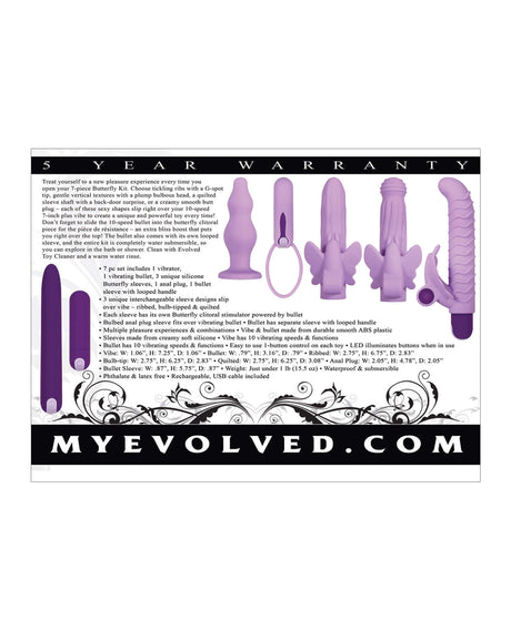 Evolved Lilac Desires Vibrator Purple 7-piece butterfly kit with silicone sleeves and product warranty information.