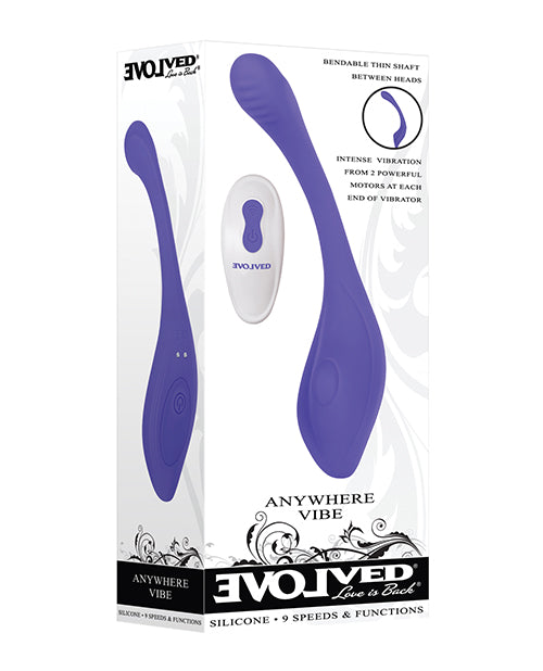 Evolved Anywhere Dual End Silicone Vibrator Blue package showcasing features and design of versatile pleasure toy.