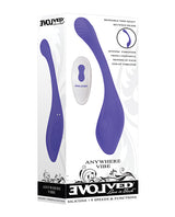Evolved Anywhere Dual End Silicone Vibrator Blue package showcasing features and design of versatile pleasure toy.