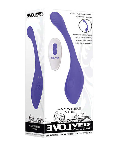 Evolved Anywhere Dual End Silicone Vibrator Blue package showcasing features and design of versatile pleasure toy.