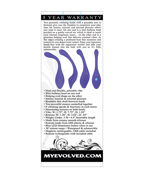 Evolved Anywhere Dual End Silicone Vibrator Blue product warranty and features details.