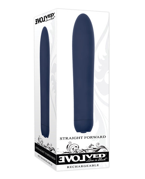 Evolved Straight Forward Vibrator Blue in packaging showcasing its sleek design and functionality.