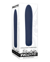 Evolved Straight Forward Vibrator Blue in packaging showcasing its sleek design and functionality.