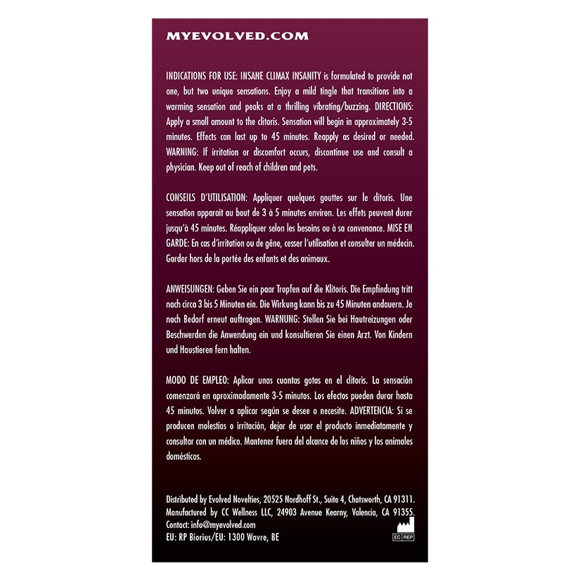 Evolved Insane Climax Insanity Warming Gel packaging instructions for use and safety.