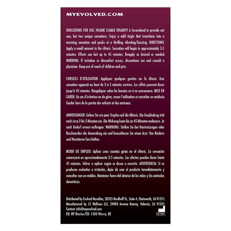 Evolved Insane Climax Insanity Warming Gel packaging instructions for use and safety.