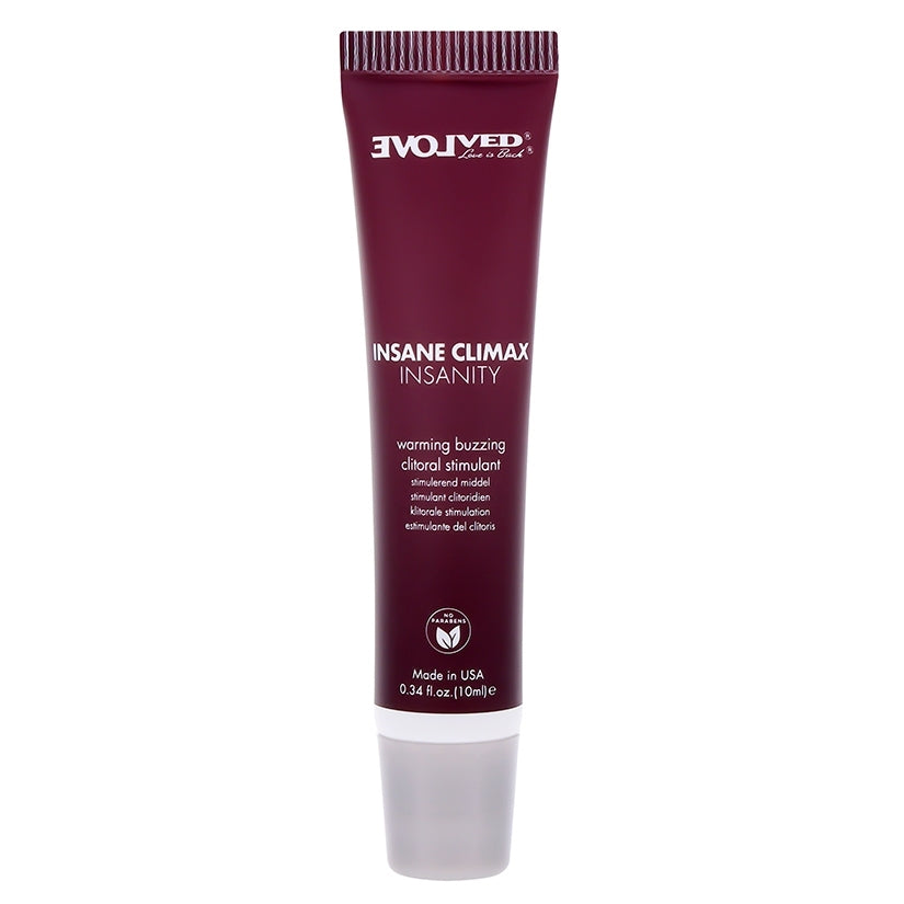 Evolved Insane Climax Insanity Warming Gel in a tube for stimulating intimate moments.