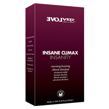 Evolved Insane Climax Insanity Warming Gel packaging, designed for enhanced intimate sensations.