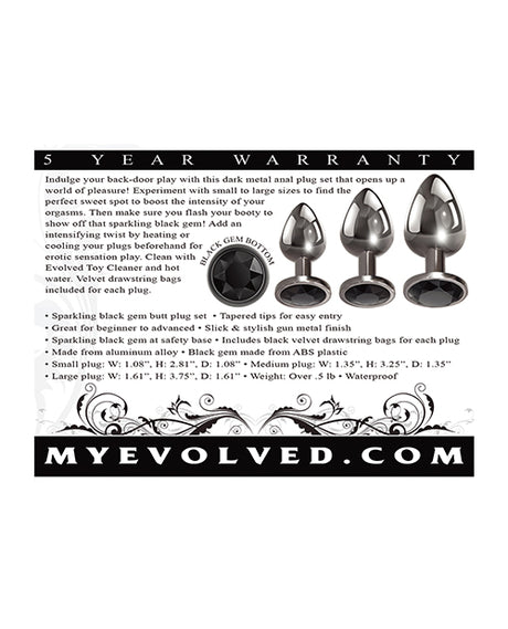 Evolved Gem Black Metal Anal Plug Set with three tapered plugs and sparkling black gem bottoms.