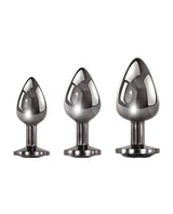 Evolved Gem Black Metal Anal Plug Set showcasing three graduated plugs in stylish black metal with gem accents.
