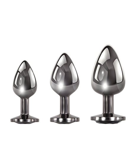 Evolved Gem Black Metal Anal Plug Set showcasing three graduated plugs in stylish black metal with gem accents.