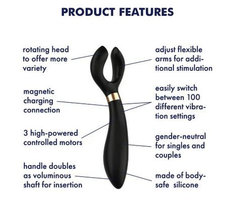 Satisfyer Endless Fun Couples Multi Vibrator features rotating head, flexible arms, magnetic charging, and powerful motors.