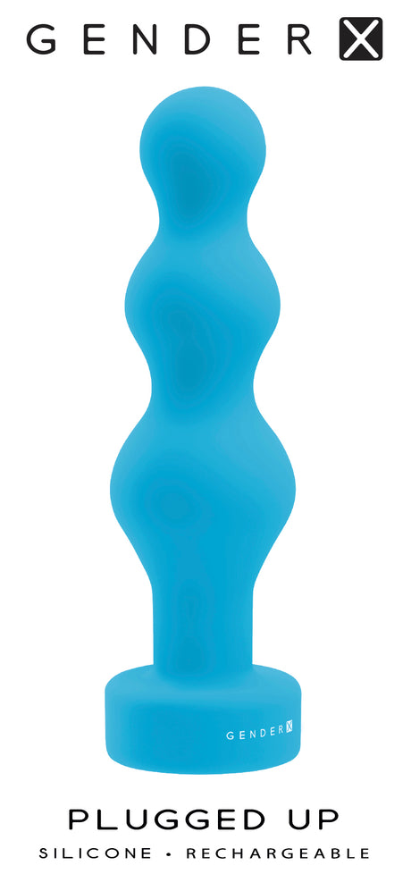Gender X Plugged Up Vibrating Silicone Anal Plug Blue displayed against a white background, showcasing its sleek design.