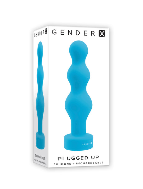 Gender X Plugged Up Vibrating Silicone Anal Plug Blue displayed in packaging, showcasing its smooth and sleek design.