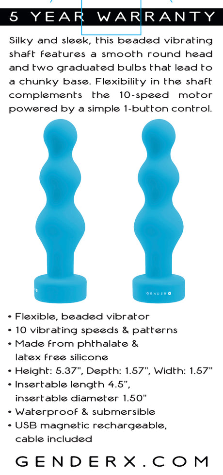 Gender X Plugged Up Vibrating Silicone Anal Plug Blue with beaded design and 10 vibrating speeds, made of silky silicone.