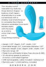 Gender X Wear Me Out Wearable Dual Vibrator Blue showcasing its unique shape and remote control features.