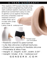Gender X Realistic Silicone Stand To Pee Funnel Light displayed with details on its features and warranty.