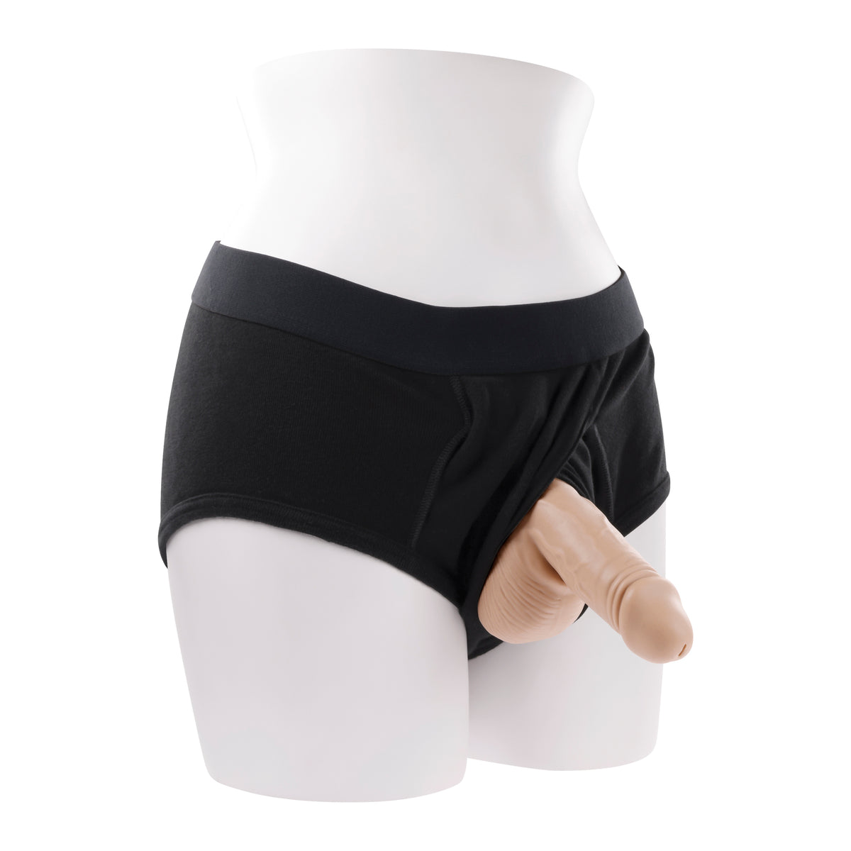 Gender X Realistic Silicone Stand To Pee Funnel Light displayed on a mannequin wearing black underwear.