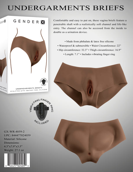 Gender X Vagina Briefs Undergarments Dark shown with soft silicone and penetrable shaft for comfort and realism.