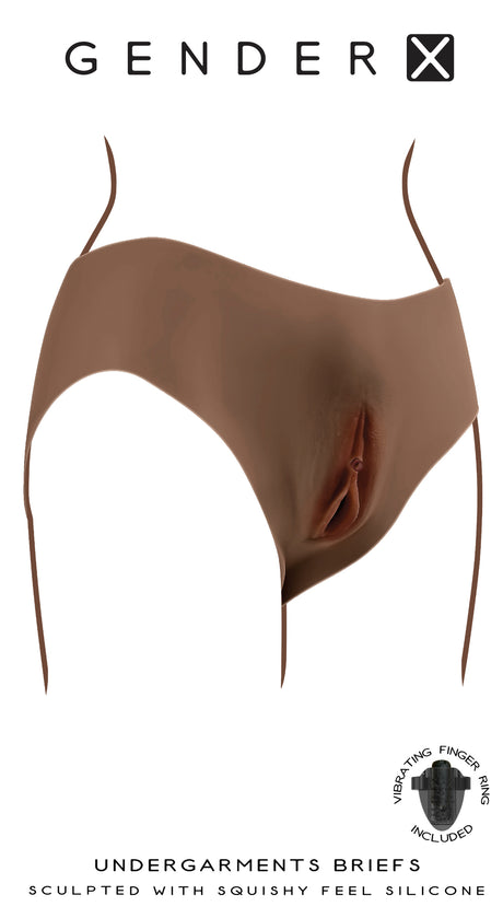 Gender X Vagina Briefs Undergarments Dark designed for comfort and realism, featuring a penetrable shaft and soft channel.
