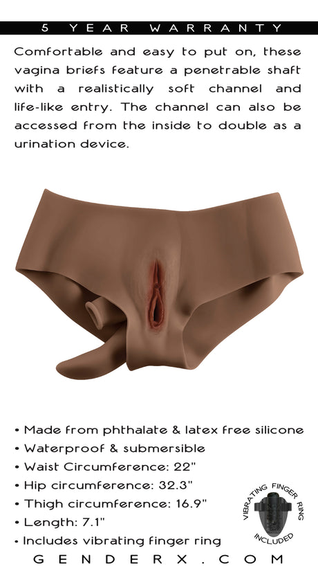 Gender X Vagina Briefs Undergarments Dark feature a realistic soft channel and a penetrable shaft for comfort.