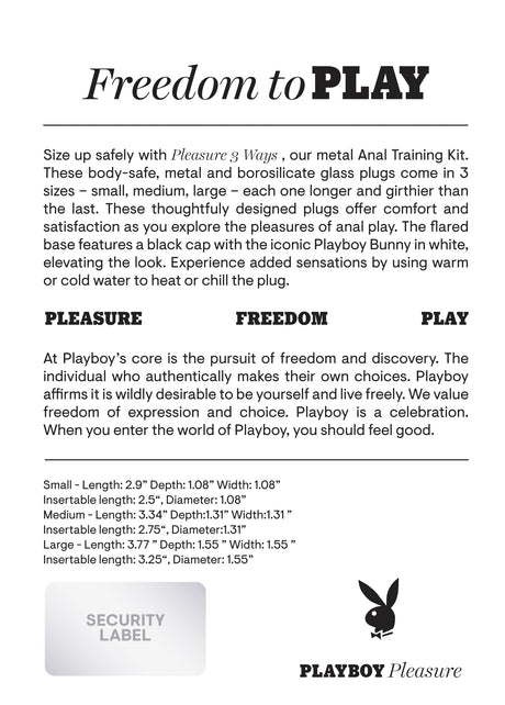 Playboy Pleasure 3 Ways Metal Anal Training Kit Black product details and dimensions on a decorative background.