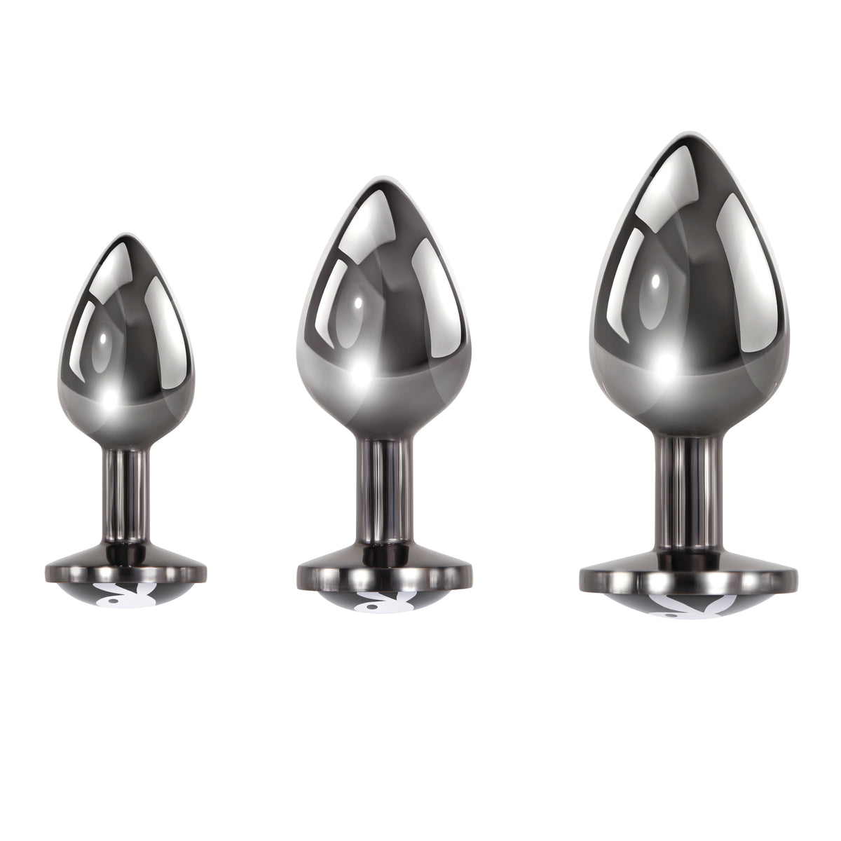 Playboy Pleasure 3 Ways Metal Anal Training Kit Black featuring three graduated anal plugs in shiny metal.